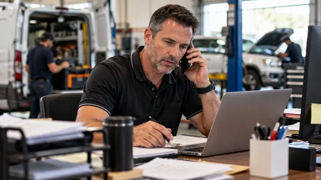 Local business owner managing a busy automotive service business